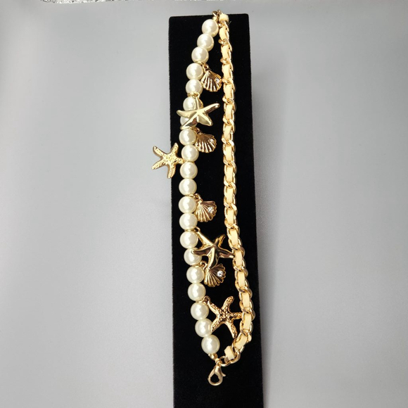 Fashion Double Strand Bracelet with Faux Pearl and Gold-Colored Charms 7" - Picture 1 of 7